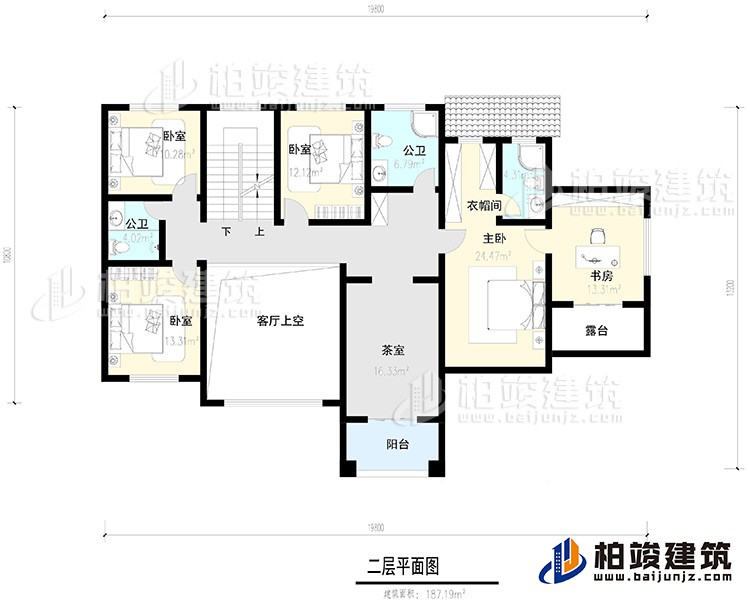 二层：4卧室，阳台，露台 ，衣帽间，书房，内卫，公卫 ，茶室