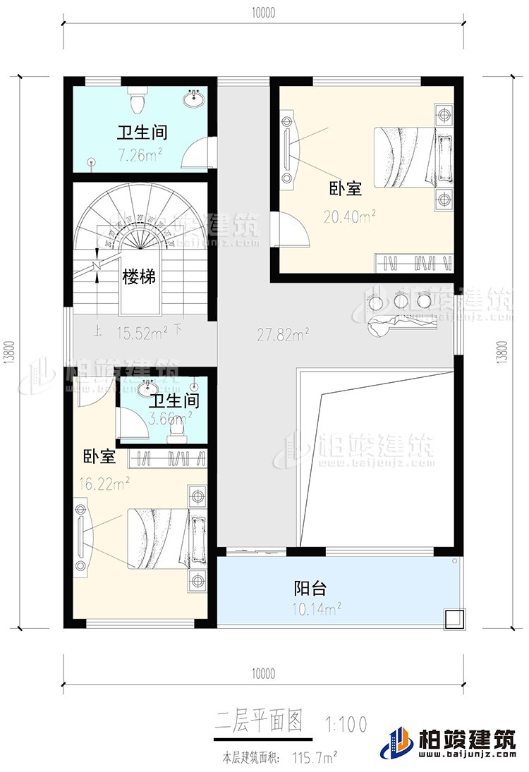 二层：2卧室，内卫，公卫，楼梯，阳台