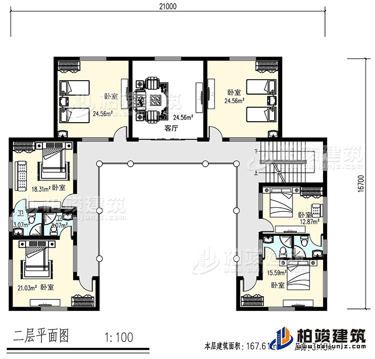 二层：6卧室，4卫生间，客厅