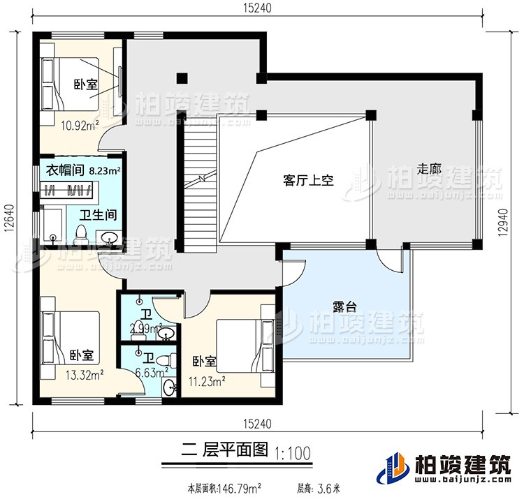 二层：3卧室，内卫，公卫，起居室，楼梯，阳台，露台，书房