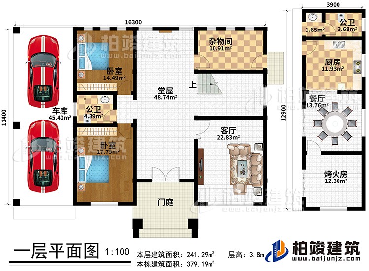 一层：门庭，堂屋，客厅、杂物间、2卧室、车库、厨房、餐厅、烤火房、2公卫