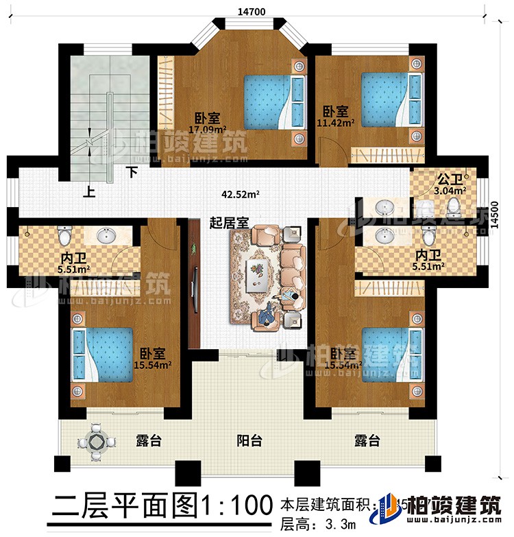 二层：2露台、阳台、4卧室、2内卫、公卫、起居室