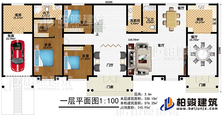 一层：2门廊、门厅、客厅、2餐厅、厨房、公卫、洗漱间、3卧室、衣帽间、内卫、库房、车库