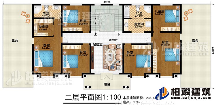 二层：5卧室、儿童房、公卫、洗漱间、内卫、起居室、2露台、阳台