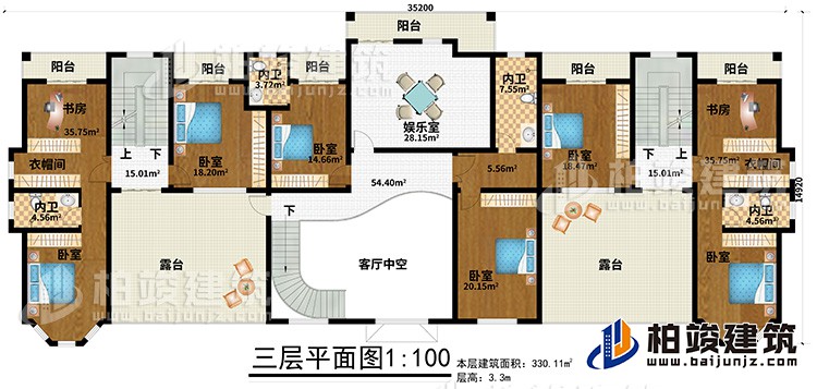 三层：6卧室、2衣帽间、2书房、4内卫、娱乐室、6阳台、2露台、客厅中空