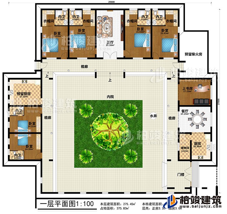 一层：门楼、3檐廊、水井、内院、储物间、厨房、餐厅、上书房、预留柴火房、6卧室、4衣帽间、6内卫