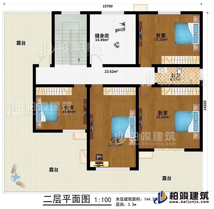 二层：4卧室，公卫，健身房，露台