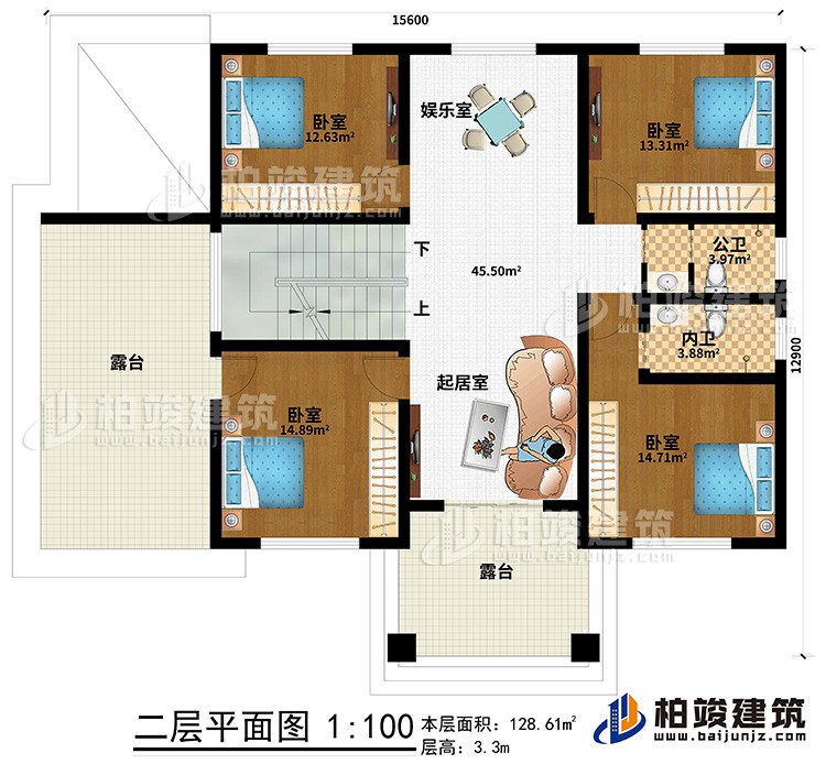 二层：4卧室，内卫，公卫，起居室，楼梯，棋牌室，2露台