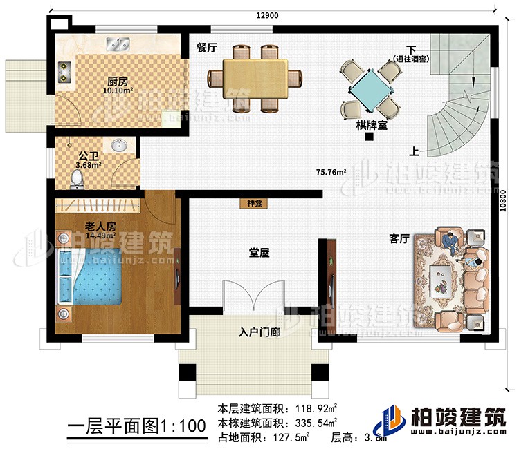 一层：入户门廊、堂屋、神龛、客厅、餐厅、棋牌室、厨房、公卫、老人房