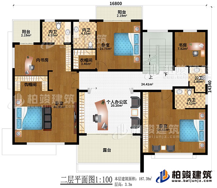 二层：3卧室、2衣帽间、3内卫、内书房、书房、个人办公区、公卫、2阳台、露台