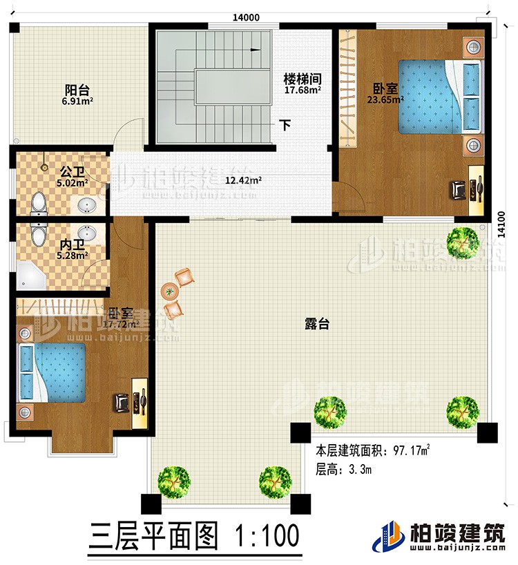 三层：2卧室、楼梯间、公卫、内卫、阳台、露台