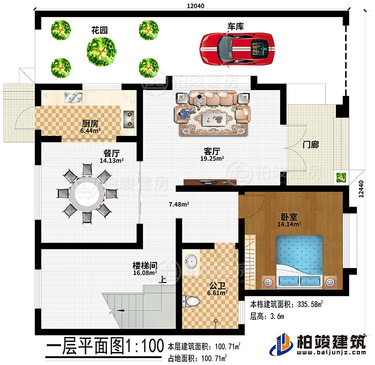 一层：门廊、花园、车库、厨房、餐厅、客厅、楼梯间、卧室、公卫