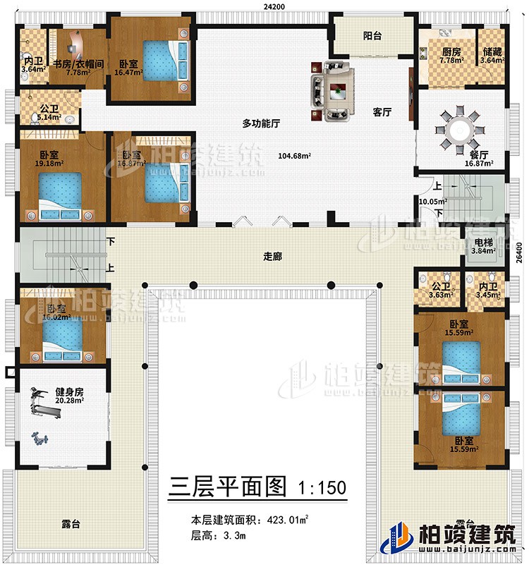 三层：健身房、6卧室、书房/衣帽间、2内卫、2公卫、多功能厅、客厅、阳台、餐厅、厨房、储藏、电梯、2露台