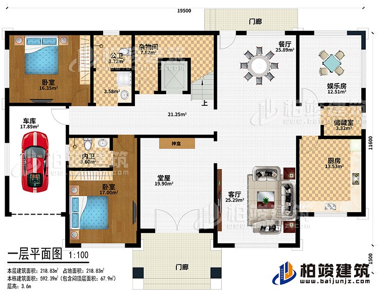 一层：2门廊、堂屋、神龛、客厅、厨房、储藏室、娱乐室、餐厅、杂物间、公卫、2卧室、内卫、车库