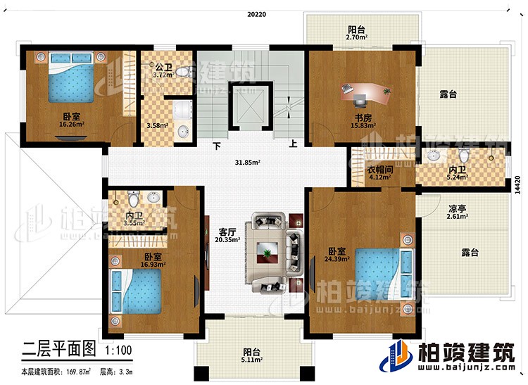 二层：3卧室、衣帽间、2内卫、公卫、客厅、书房、衣帽间、2阳台、2露台、凉亭