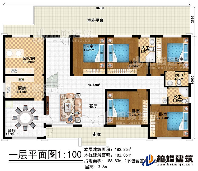 一层：走廊、客厅、餐厅、厨房、柴火房、室外平台、5卧室、2内卫、公卫