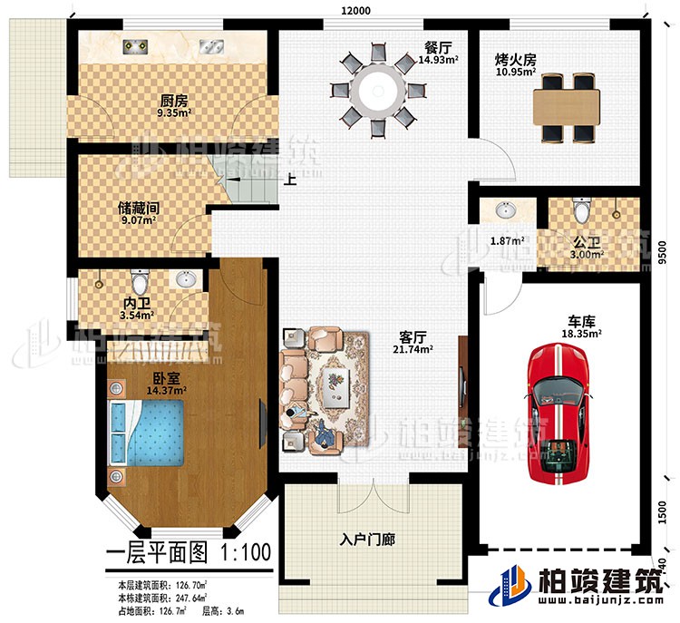 一层：入户门廊、客厅、车库、烤火房、餐厅、厨房、储藏间、卧室、公卫、内卫