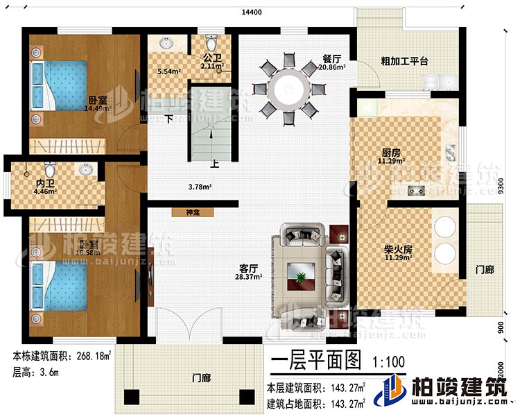 一层：2门廊、客厅、神龛、厨房、柴火房、餐厅、粗加工平台、2卧室、公卫、内卫