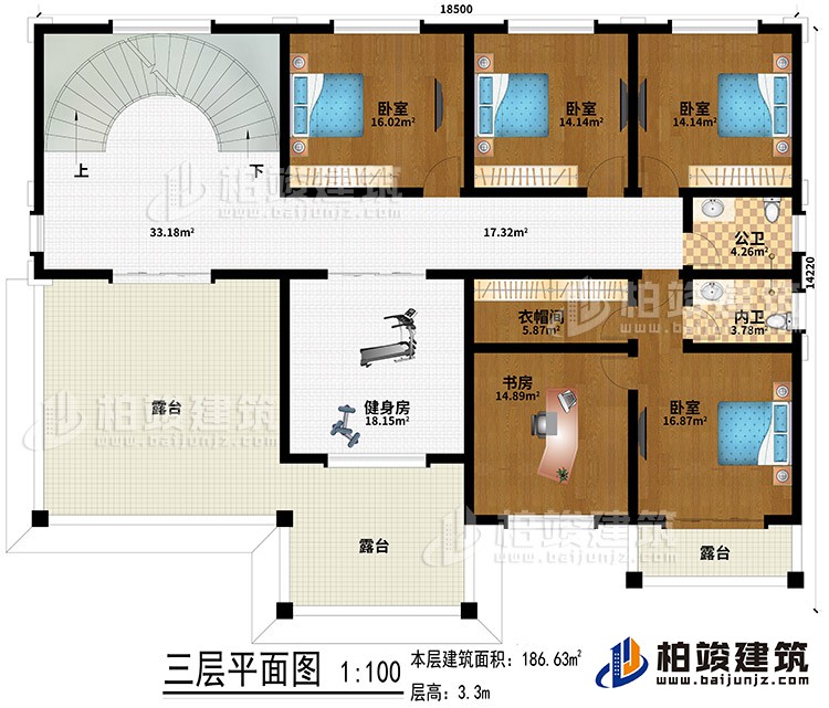 三层：4卧室、健身房、书房、衣帽间、3露台、公卫、内卫