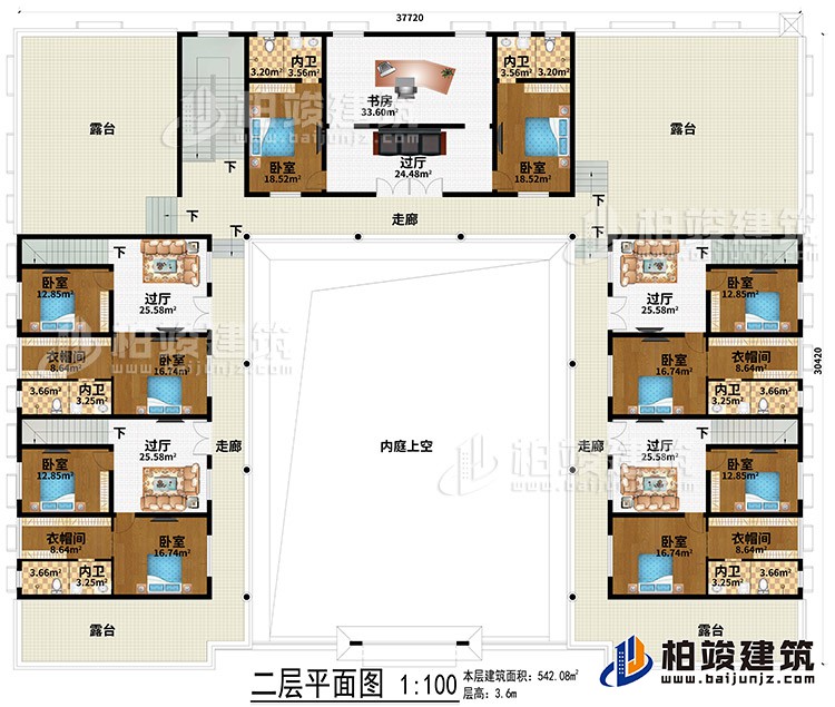 二层：内庭上空、5过厅、书房、3走廊、4露台、10卧室、4衣帽间、6内卫