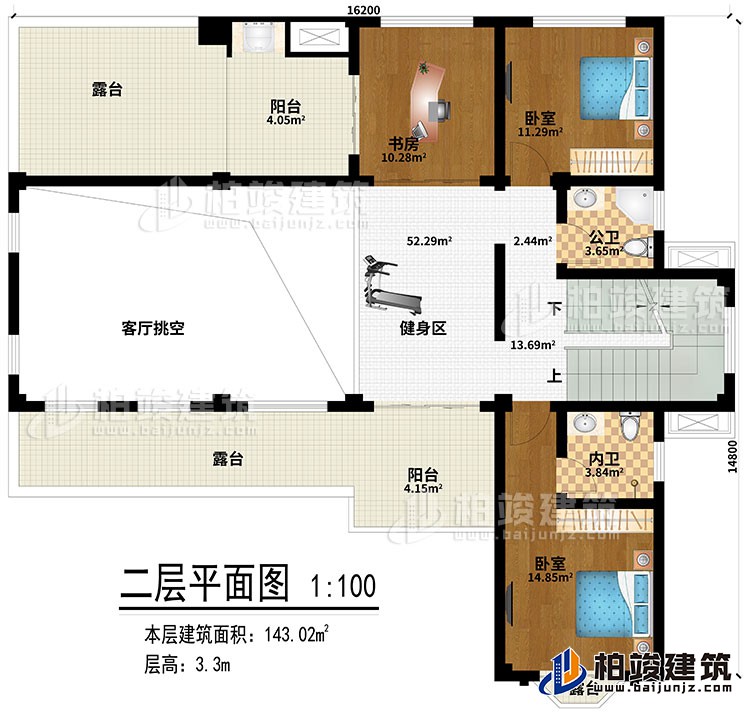 二层：健身区、客厅挑空、书房、2卧室、公卫、内卫、2阳台、3露台