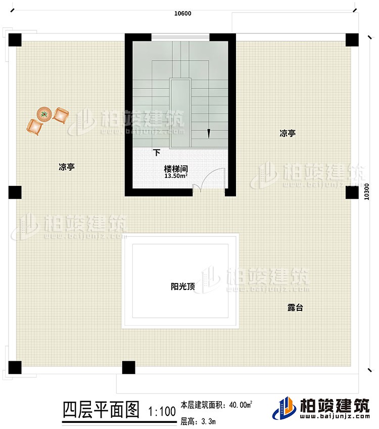 四层：楼梯间、2凉亭、露台、阳光顶