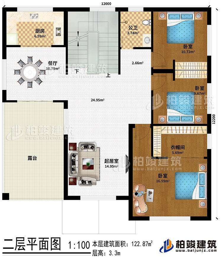 二层：起居室、餐厅、厨房、公卫、3卧室、衣帽间、露台