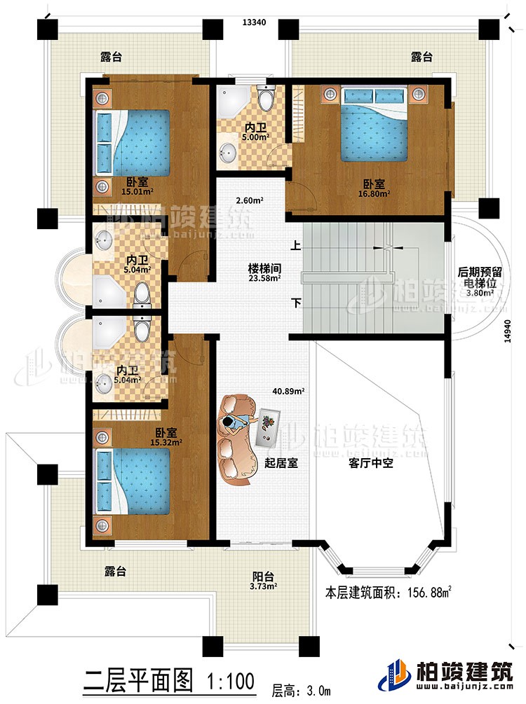 二层：起居室、客厅中空、楼梯间、3卧室、3内卫、阳台、3露台、后期预留电梯位