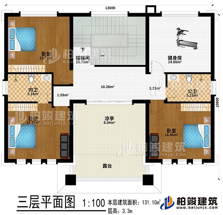 三层：楼梯间、健身房、3卧室、公卫、内卫、凉亭、露台