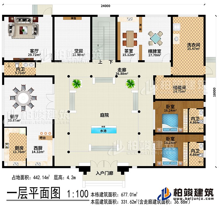 一层：入户门廊、水池、影壁、庭院、走廊、西厨、厨房、餐厅、吧台、客厅、堂屋、神龛、茶室、棋牌室、洗衣间、储藏间、2卧室、3内卫