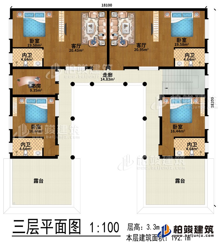 三层：2客厅、4卧室、书房、走廊、2露台、4内卫