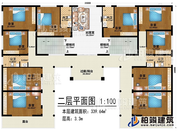 二层：起居室、2楼梯间、过廊/阳台、10卧室、2内卫、2公卫、2露台