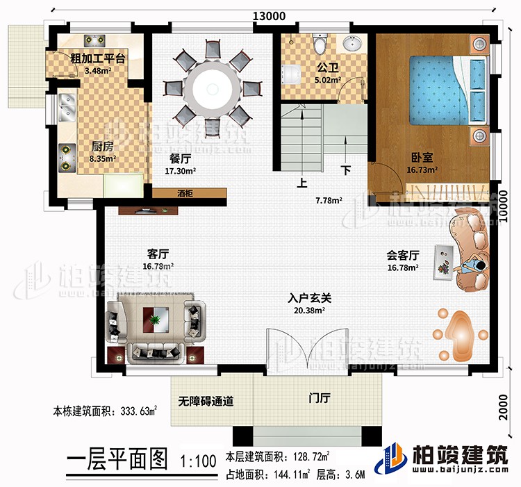 一层：门厅、无障碍通道、酒柜、入户玄关、会客厅、客厅、厨房、餐厅、粗加工平台、卧室、公卫