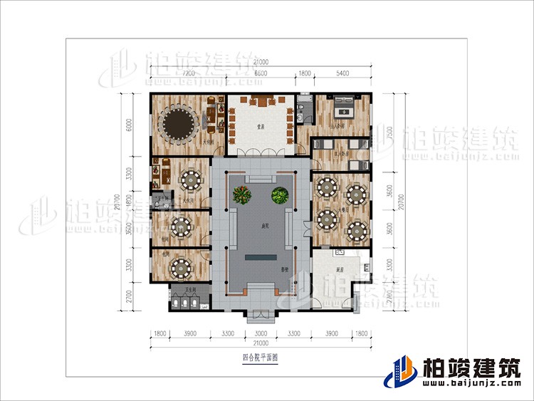 一层：大餐厅、2包间、2大餐厅、2内卫、堂屋、卧室、工人卧室、公卫、庭院、影壁墙