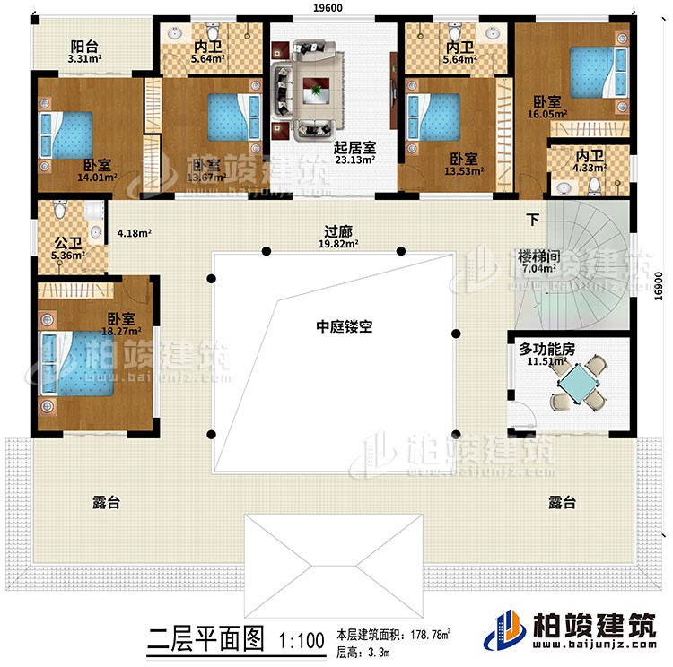 二层：起居室、中庭、过廊、楼梯间、5卧室、公卫、3内卫、2露台、阳台、多功能房