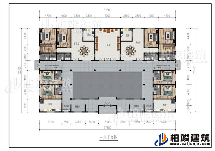 一层：2储物间、2洗衣间、2灶房、8卧室、2衣帽间、2公卫、6内卫、2厨房、2宴会厅、堂屋