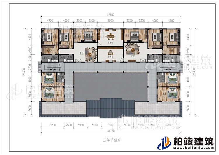 二层：2客厅、2书画室、公卫、10卧室、2衣帽间、4内卫、2露台