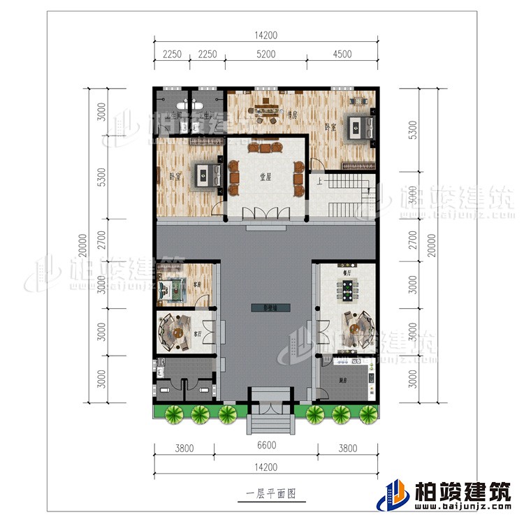 一层：厨房、2客厅、餐厅、公卫、3卧室、影壁墙、堂屋、书房、2内卫