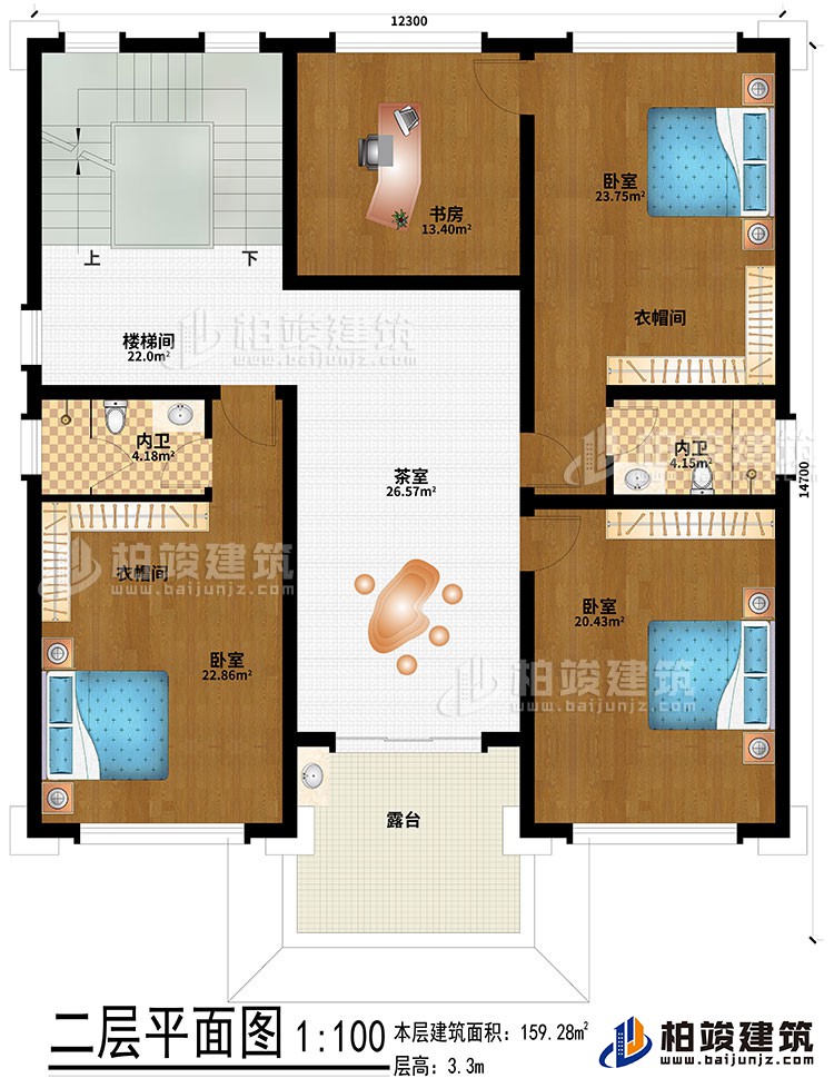 二层：3卧室、2衣帽间、2内卫、楼梯间、茶室、露台、书房