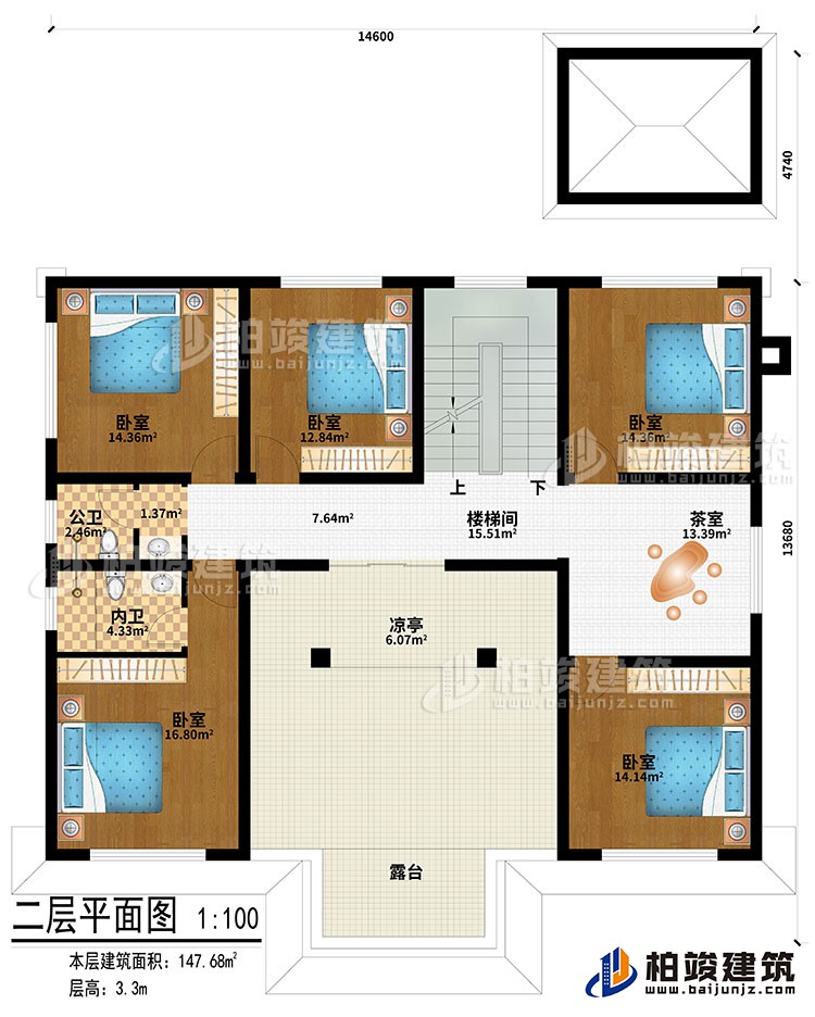 二层：楼梯间、茶室、凉亭、5卧室、公卫、内卫、露台