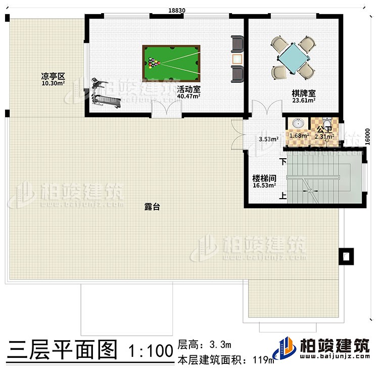 三层：棋牌室、活动室、楼梯间、凉亭区、露台