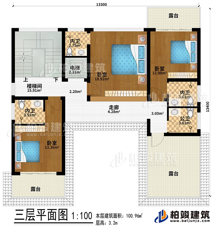 三层：走廊、3卧室、3内卫、3露台、楼梯间、电梯、公卫