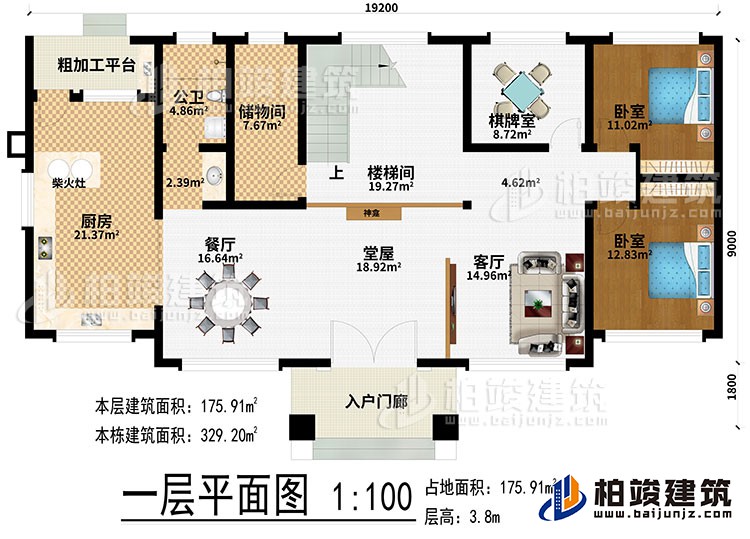 一层：入户门廊、堂屋、神龛、客厅、餐厅、厨房、柴火灶、粗加工平台、储物间、楼梯间、棋牌室、2卧室、公卫