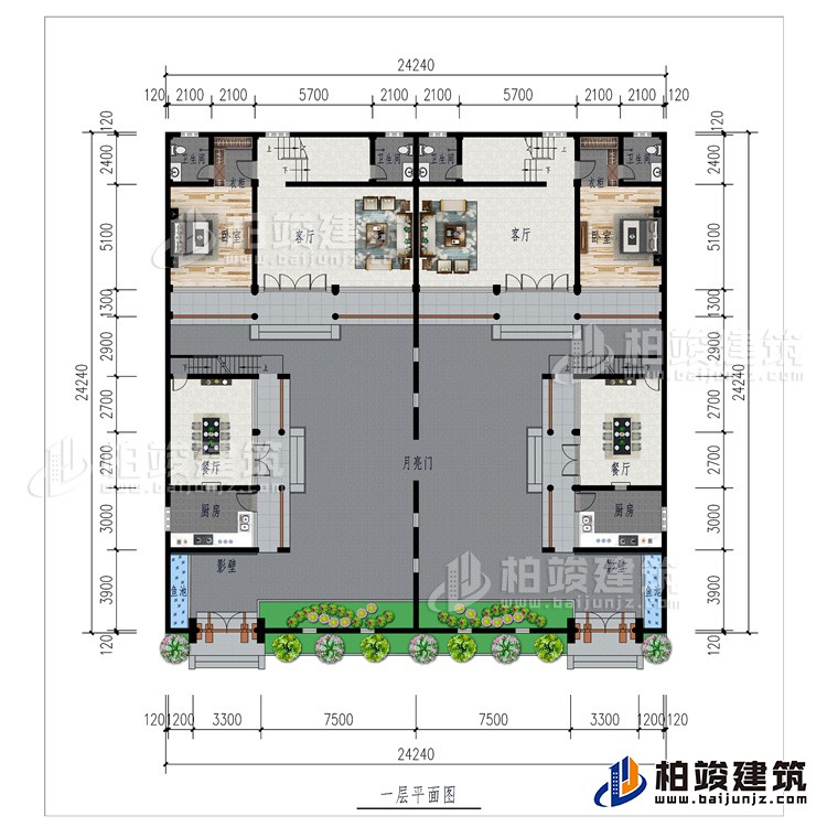 一层：月亮门、2厨房、2影壁、2餐厅、2客厅、2卧室、2衣柜、2内卫、2鱼池