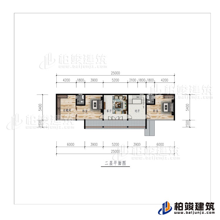 二层：过厅、客厅、衣帽间、2卧室