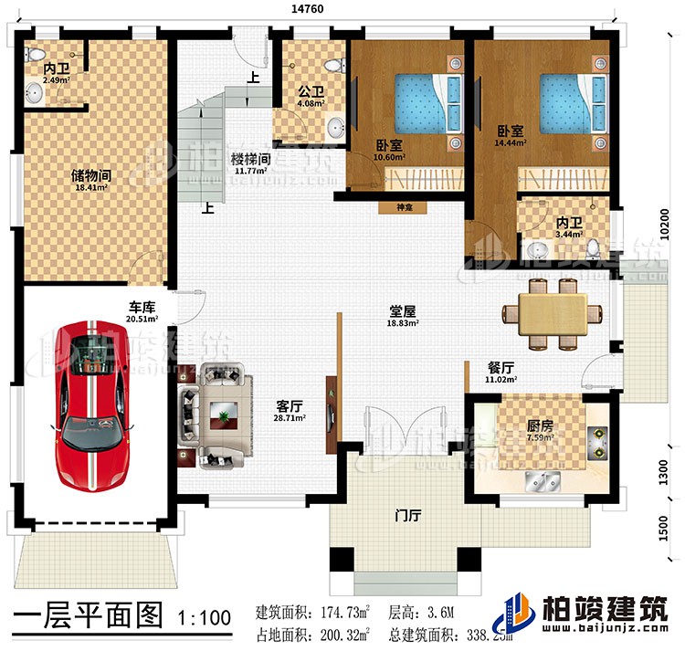 一层：门厅、堂屋、神龛、餐厅、厨房、客厅、储物间、2卧室、公卫、2内卫、车库、楼梯间