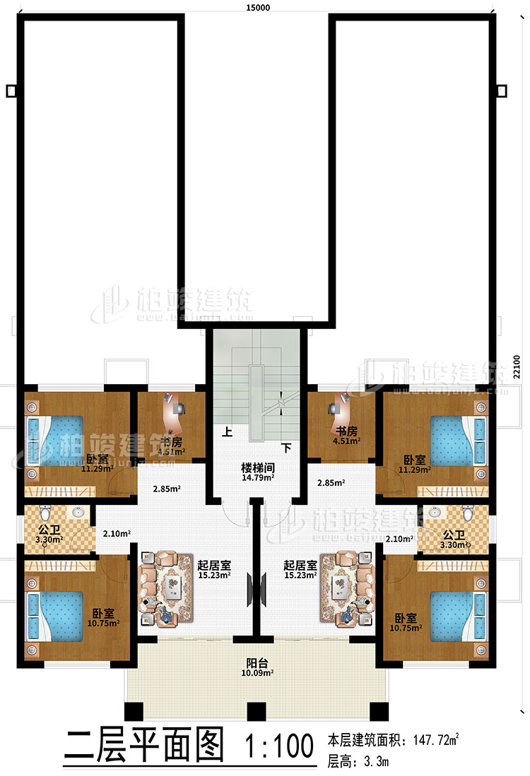 二层：2起居室、2书房、4卧室、2公卫、楼梯间、阳台