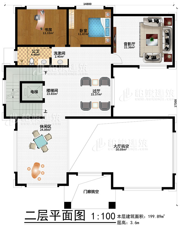 二层：过厅、楼梯间、休闲区、大厅挑空、门廊挑空、电梯、洗漱间、书房、卧室、音影厅、公卫