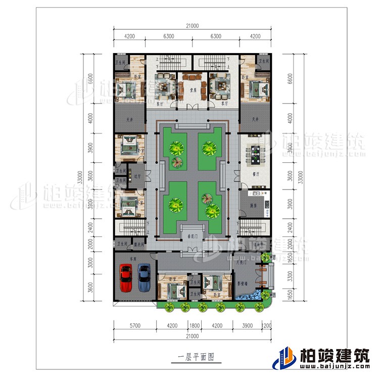 一层：月亮门、影壁墙、6卧室、车库、6内卫、公卫、储藏室、厨房、餐厅、过厅、2天井2客厅、堂屋、垂花门