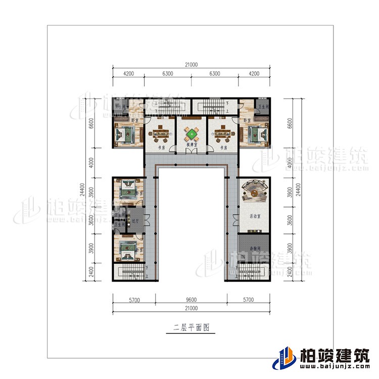 二层：棋牌室、2书房、活动室、杂物间、4卧室、4内卫、过廊